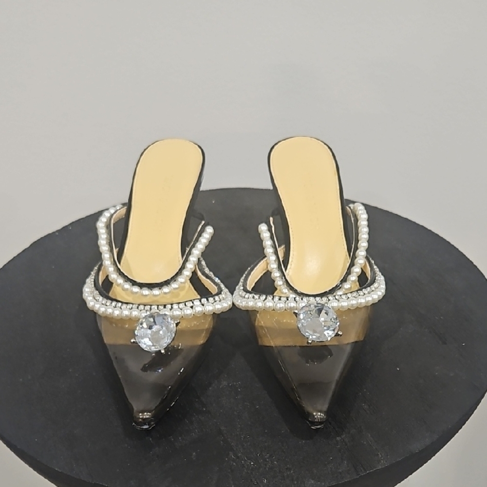 MACH & MACH Black Clear Pointed Pearl-Trim Mules with Crystal